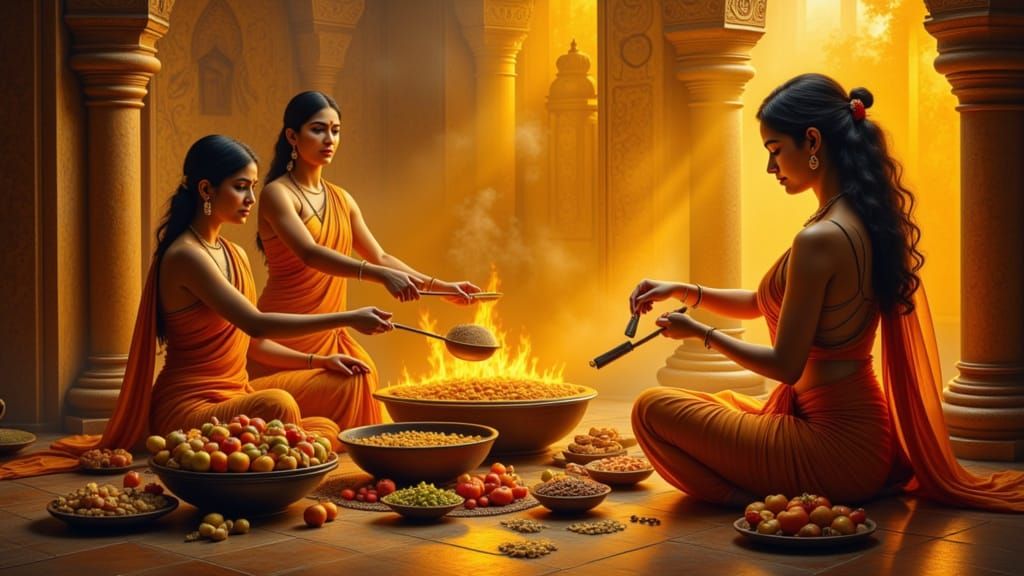 Ayurvedic Cooking Scene in Vibrant Venetian Glazing Style