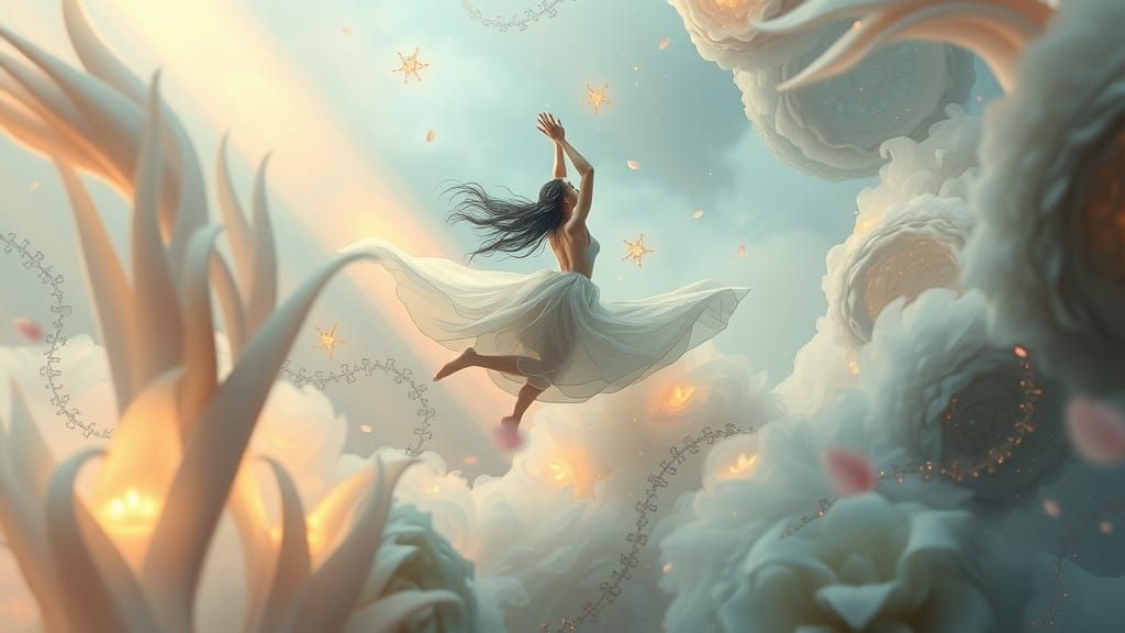 Ethereal Figure Floating in Dreamscape with Volumetric Light...