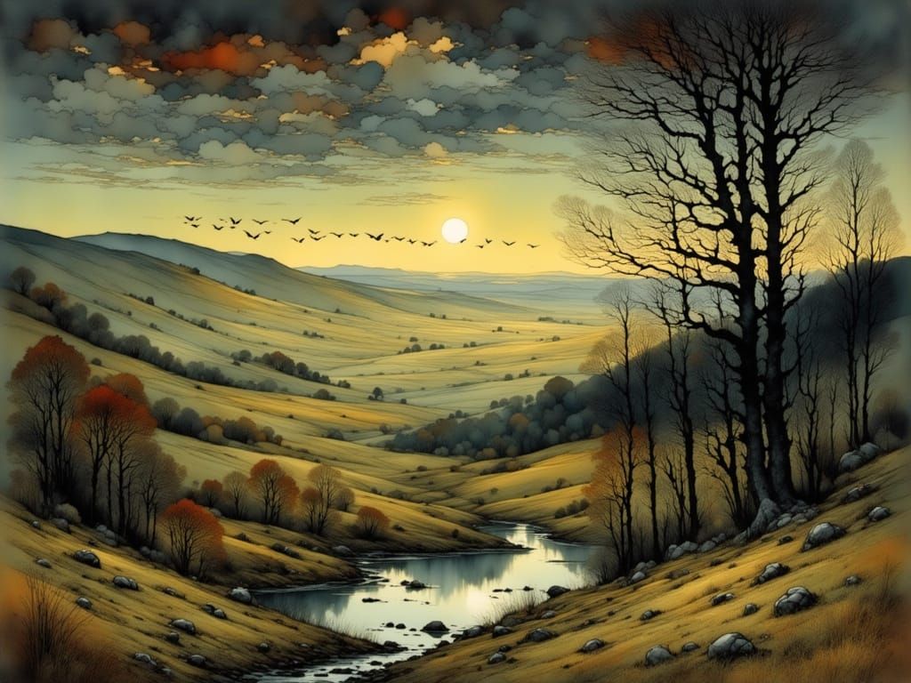 Mystical Landscape with Migrating Cranes in Moody Romantic S...