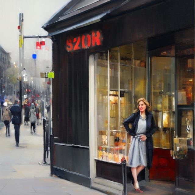 Woman Waiting Outside Shop: Inksplash Style