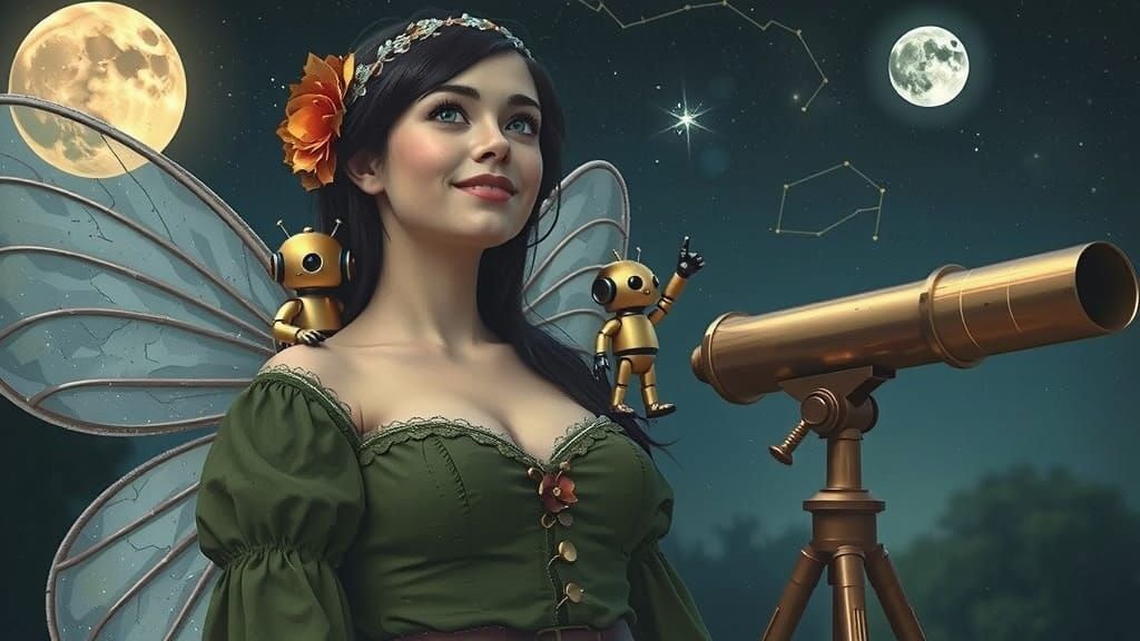 Whimsical Fairy Woman Stargazes with Robot Friends in a Cele...