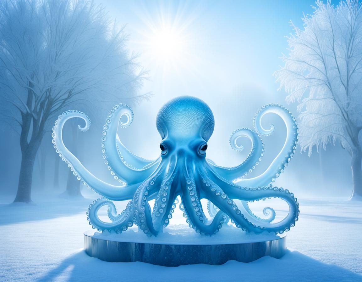 Translucent Ice Octopus Sculpture in Snowy Setting
