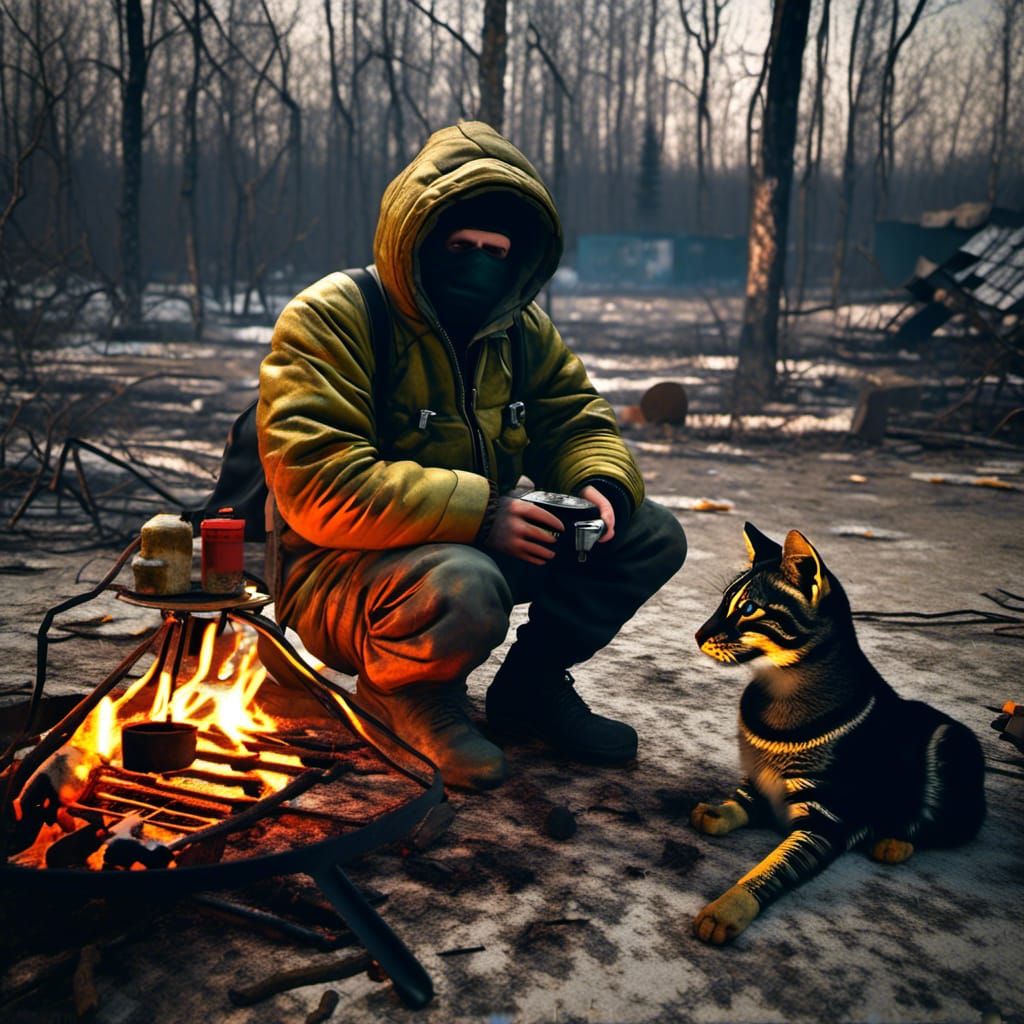 Chernobyl Loner with Cat by Fire