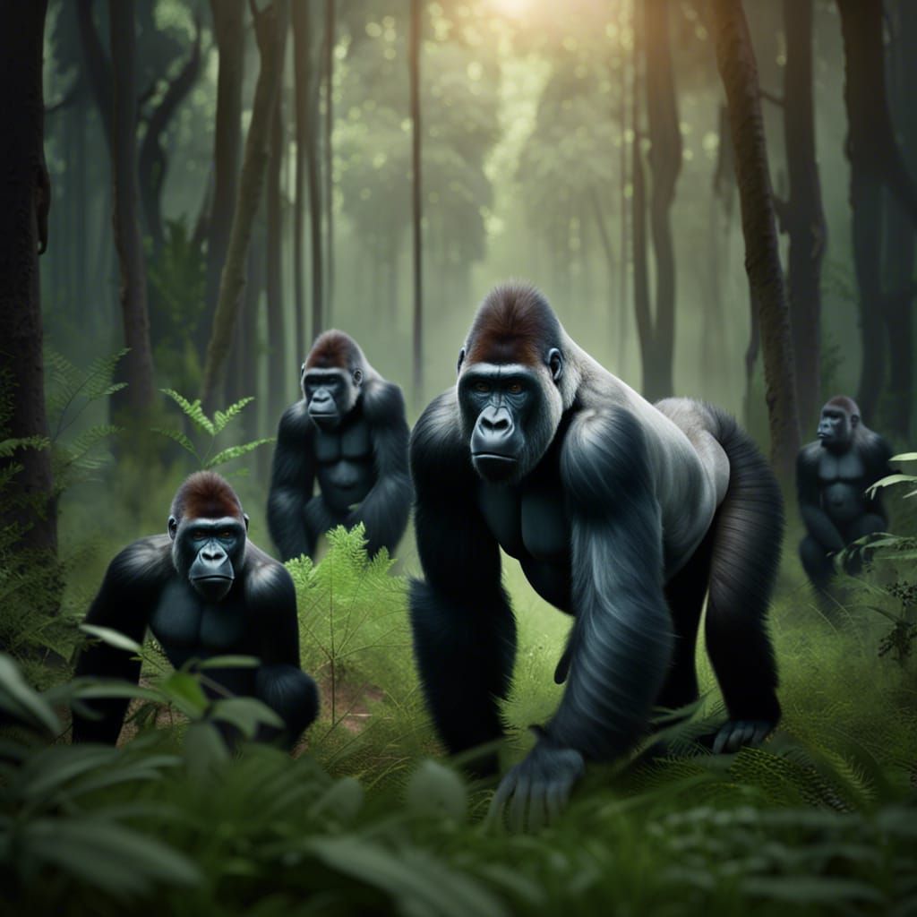 Gorillas Fleeing Forest Home From Threatening Machines