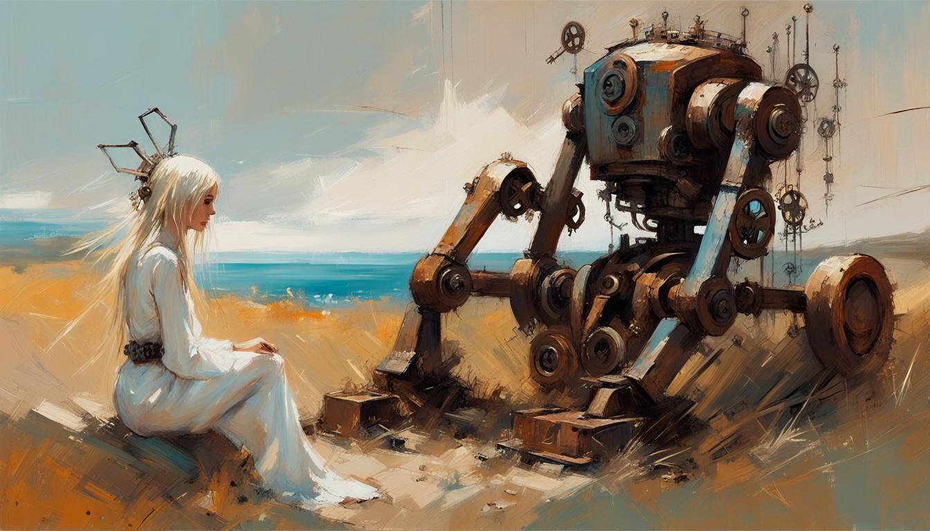 Robot Communicates with Woman in Rocky Field
