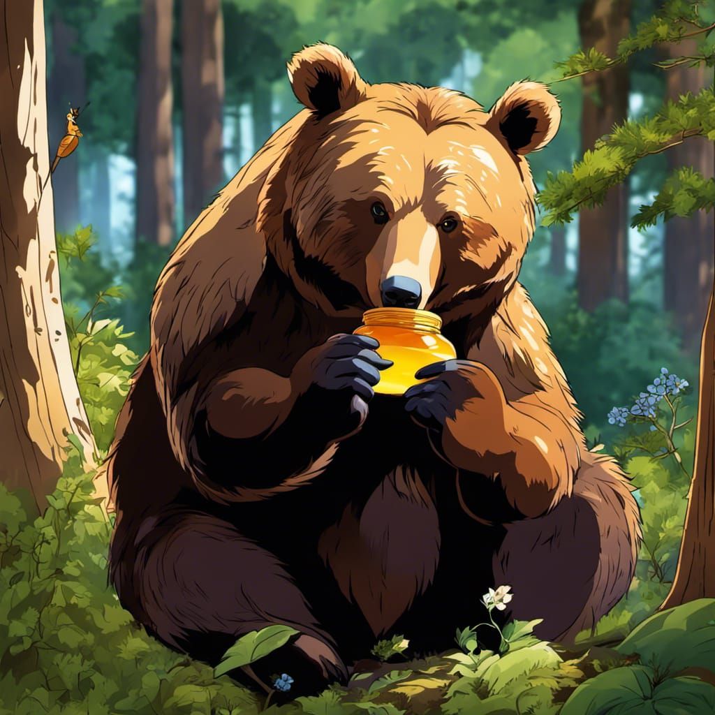 Anime Brown Bear Feast in Forest with Honey