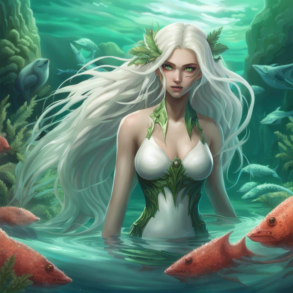 Detailed Siren with White Tail and Green Eyes