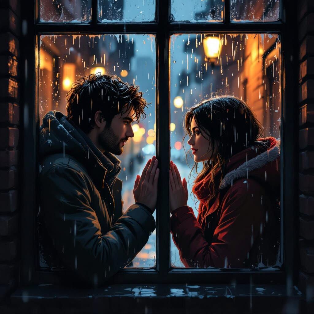 Longing Lovers Gaze Through Rain-Streaked Windows
