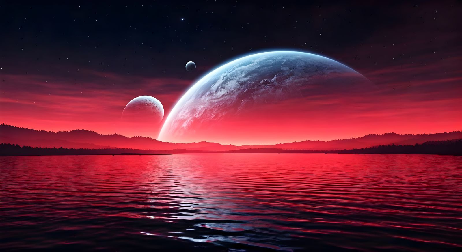Epic Cosmic Landscape of Planets Reflecting on Crimson Lake