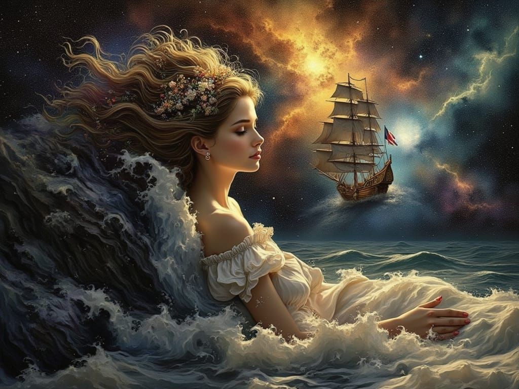 Ethereal Woman in Starry Space, Radiating Soft, Celestial Gl...