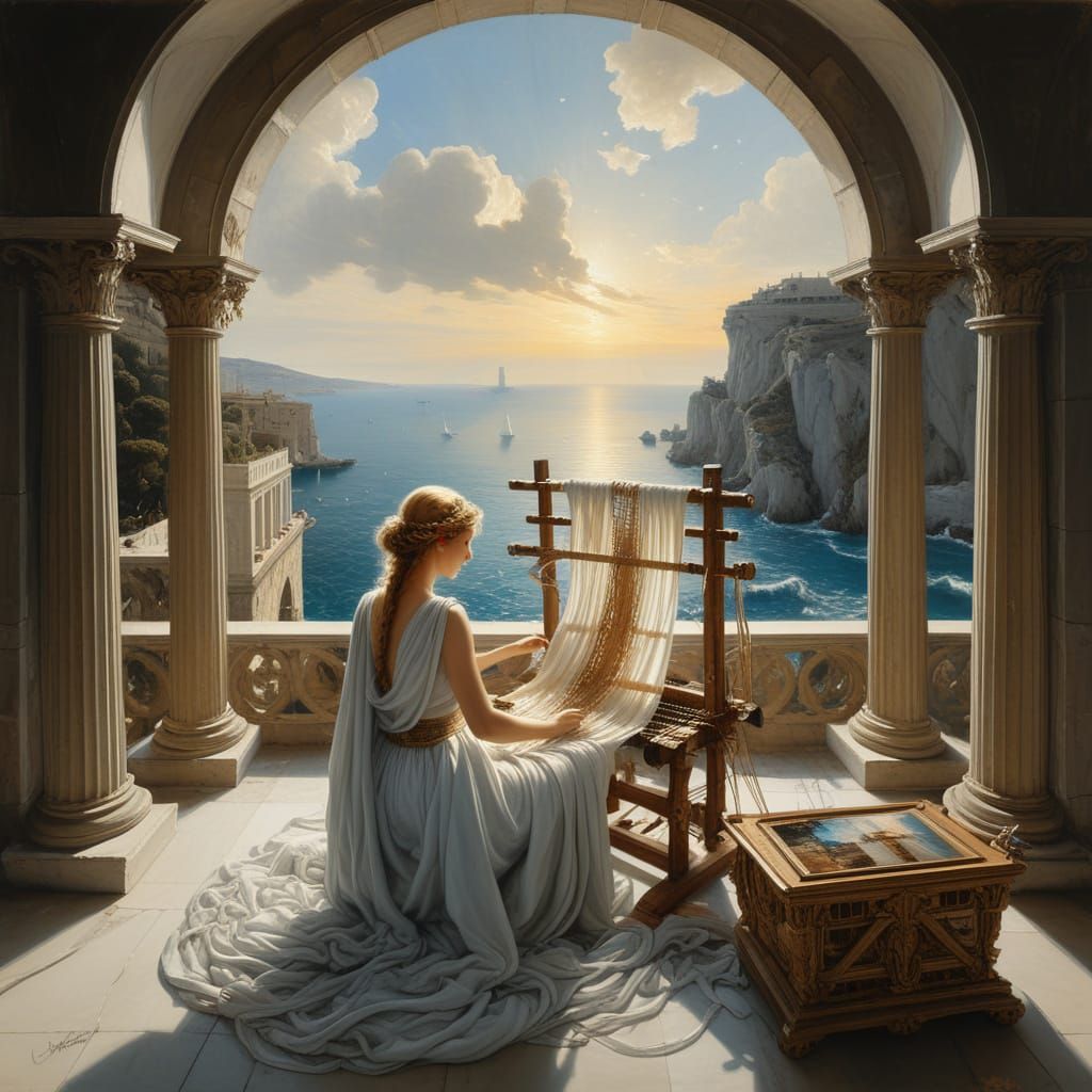 Ancient Greek Princess Weaving by the Ocean