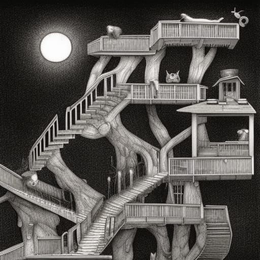 Detailed Treehouse at Night in Escher Style