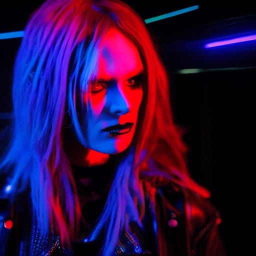 Cyberpunk Goth Fashion Model in Neon Cafe