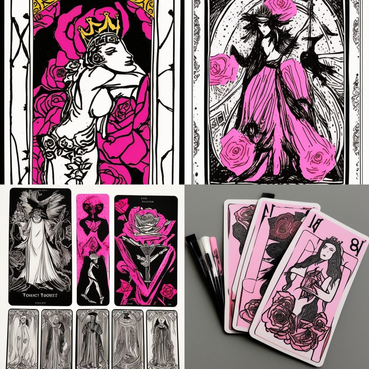 tarot card drawn brushes, black white pink red gold queen of roses