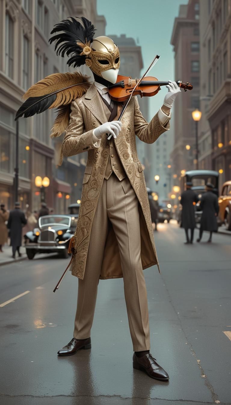 Masked Violinist Plays on a 1920s Street