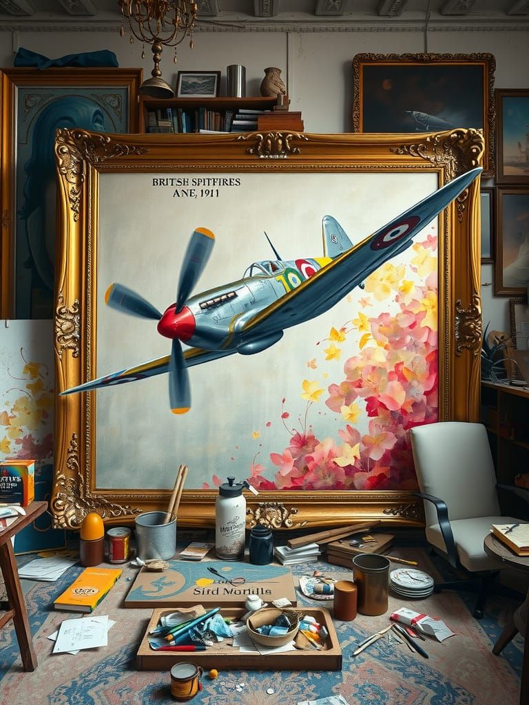 British Spitfire Emerges from Vintage Frame in Impressionist...