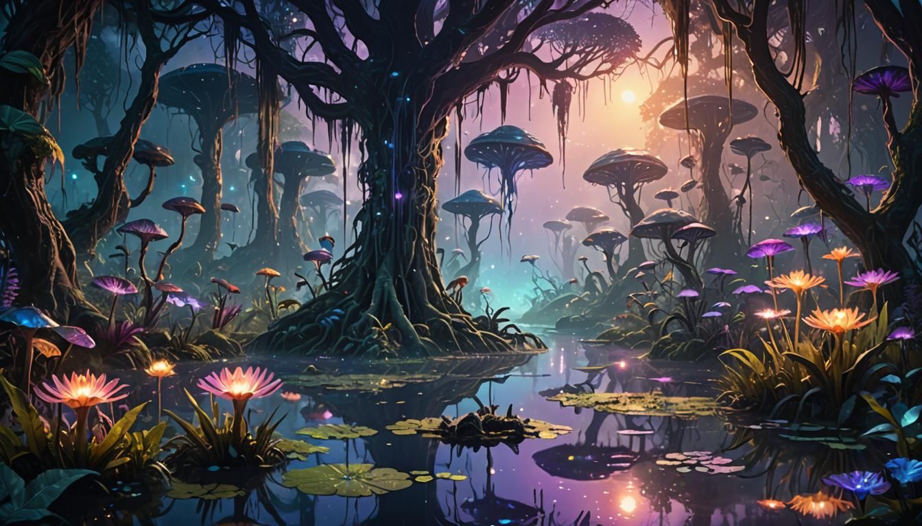 Mystical Jungle with Bioluminescent Flora and Alien Life