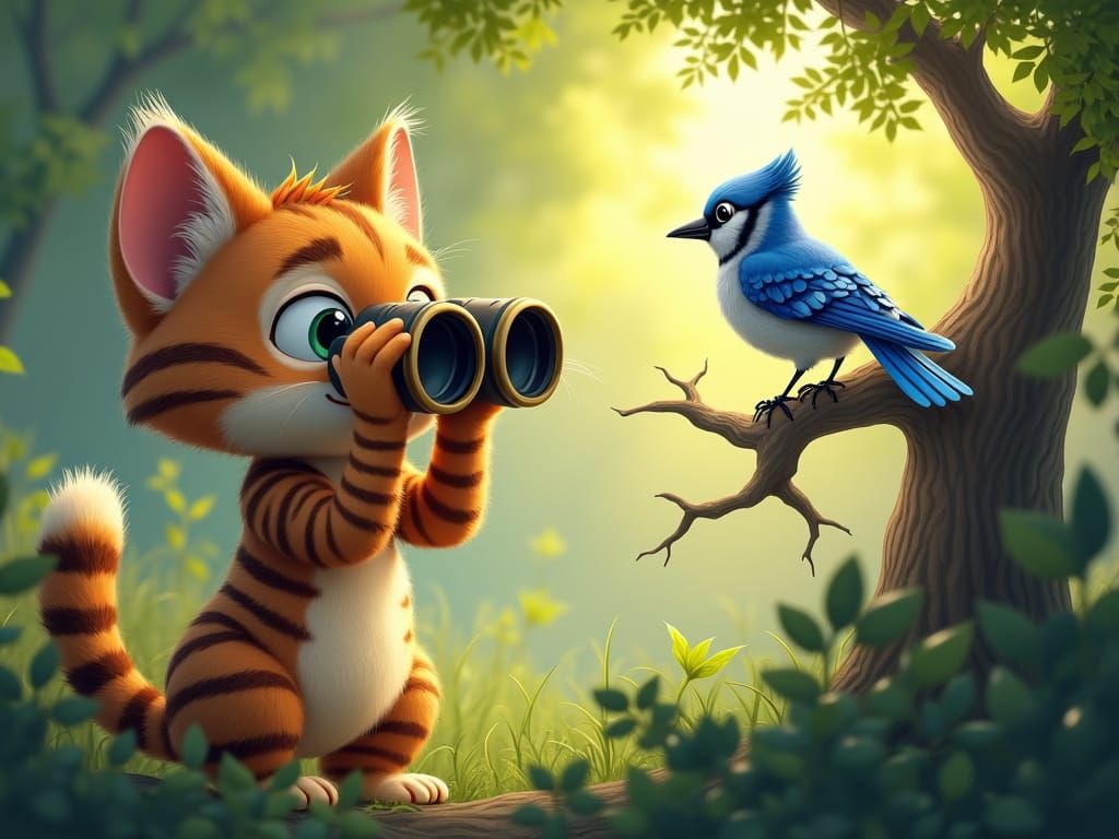 Anthropomorphic Tabby Cat Birdwatching