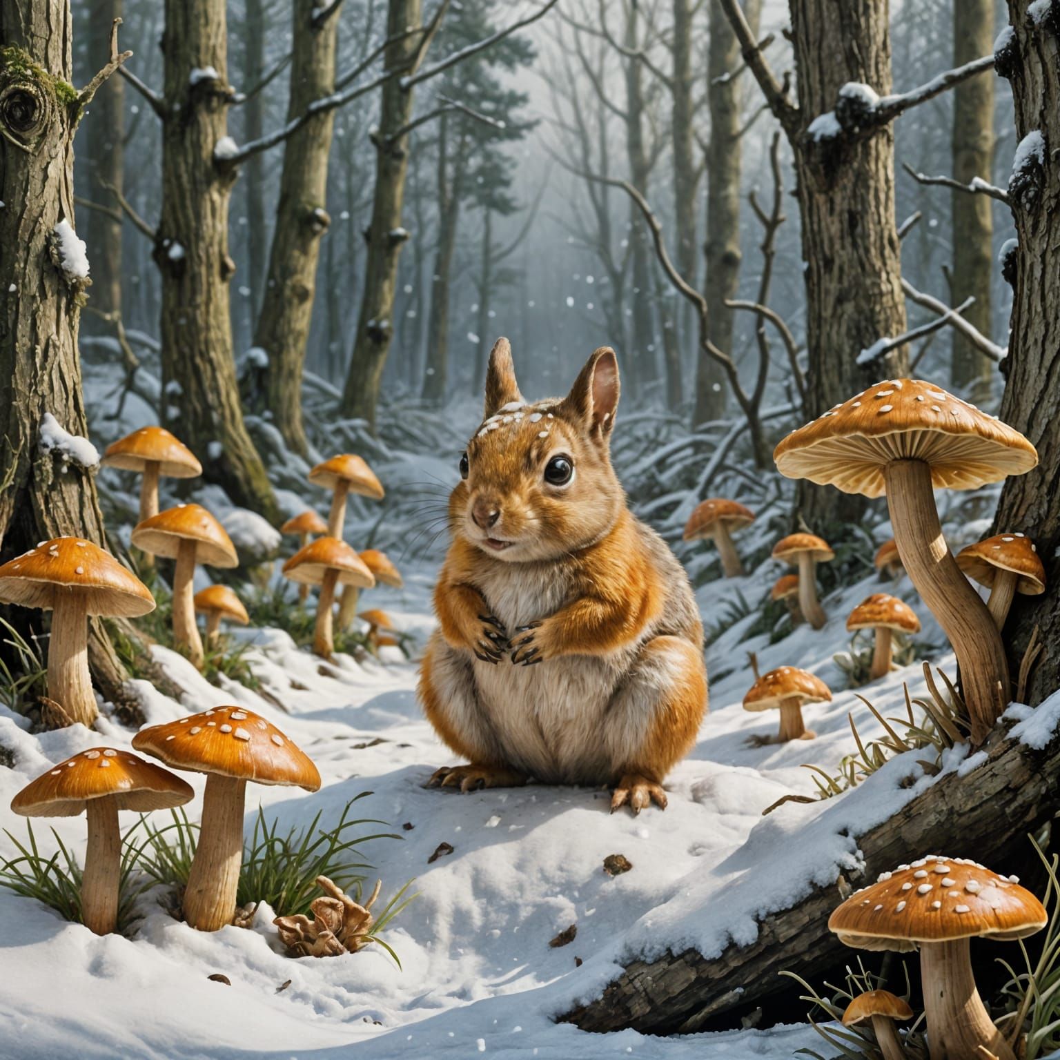 Lonely Chanterelle Mushroom in the Snowy Forest