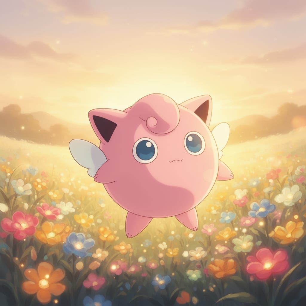 Jigglypuff Floating in Magical Flower Field