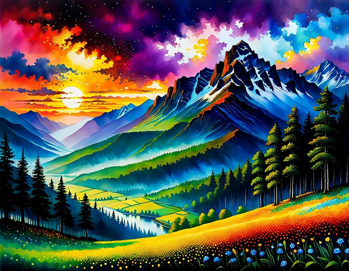 Mountain Sunset in Pointillist, Alcohol Ink Style