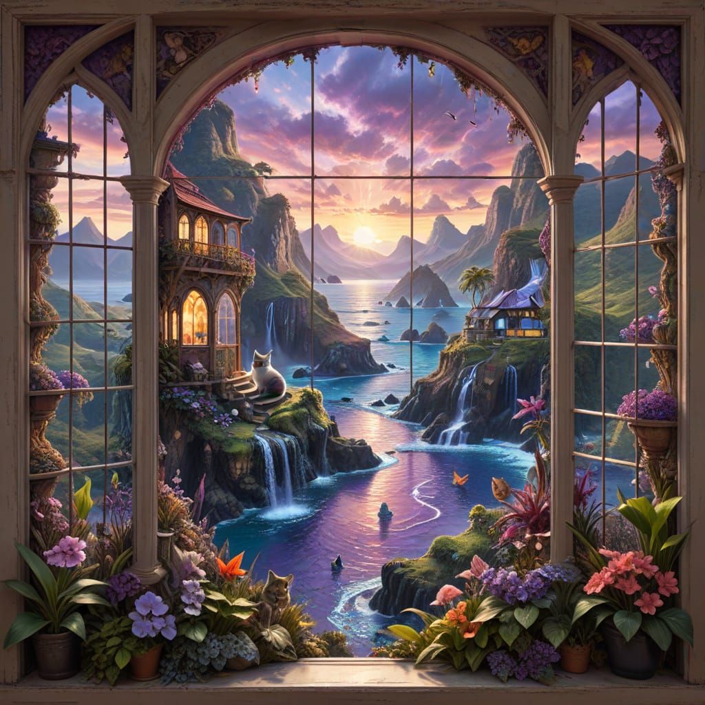 Surreal Fantasy Realm Beyond an Ornate Glass Window
