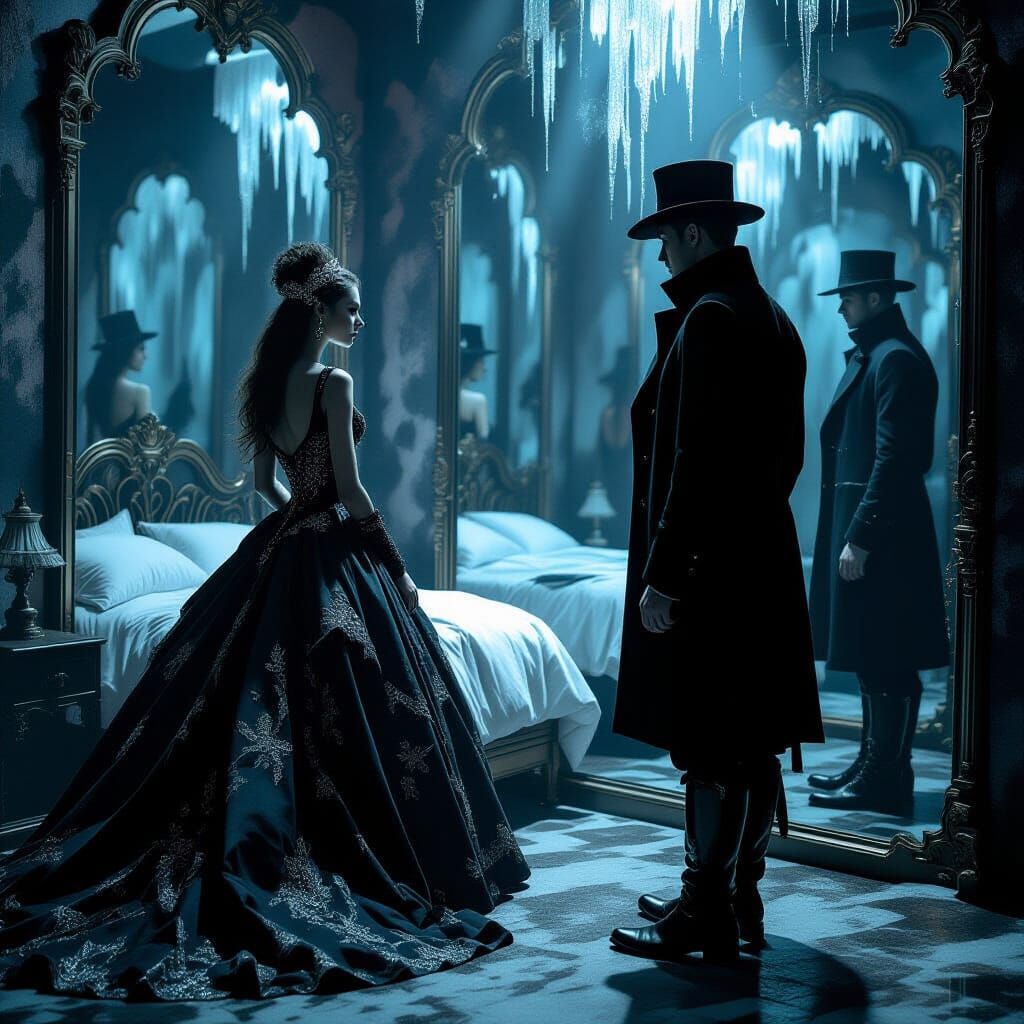 Eerie Mirror Maze Reflections in Gothic Realism