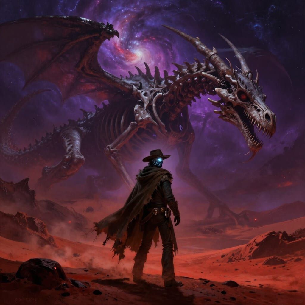 Lone Cowboy on Alien Planet with Dragon Skeleton in Dark Fan...