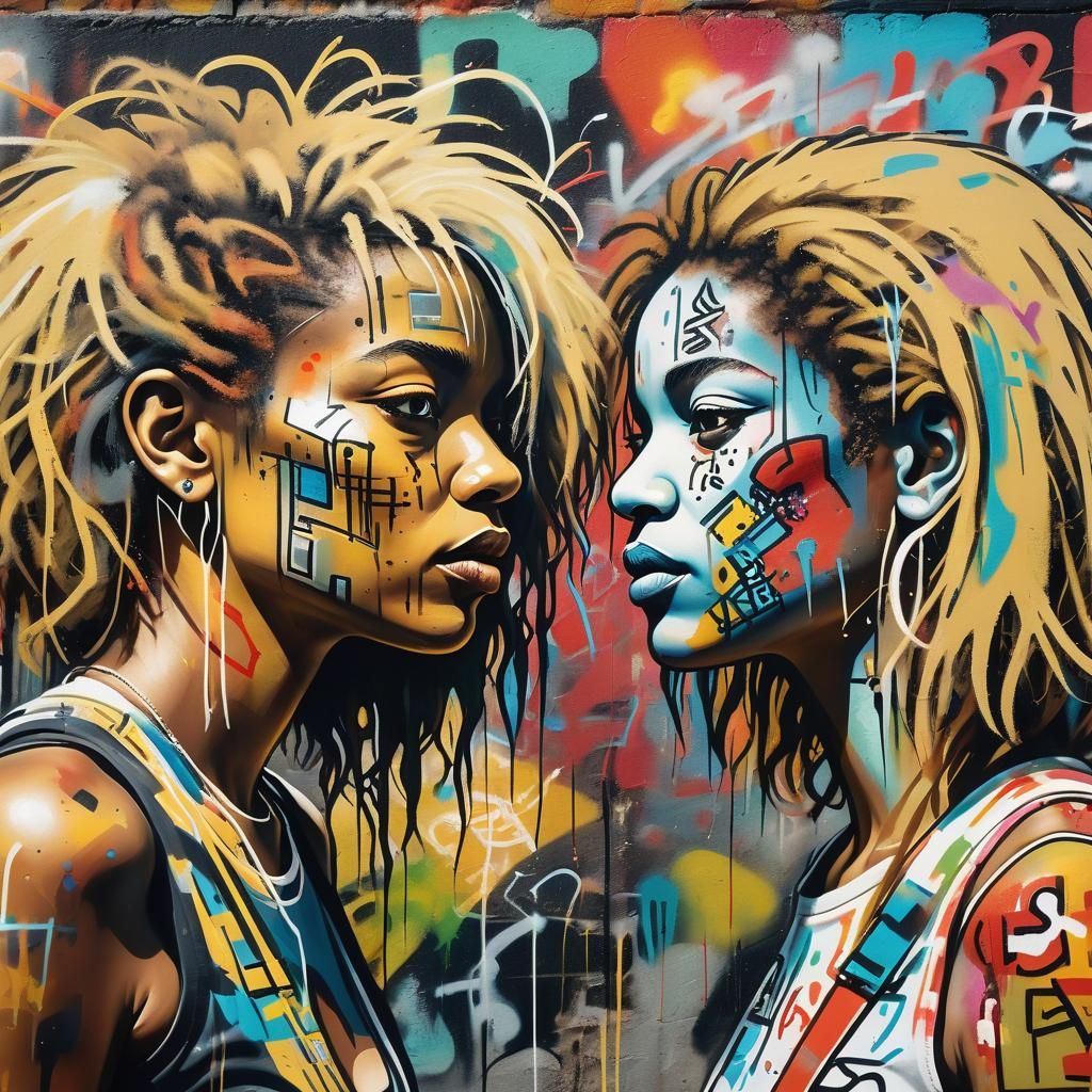 Vibrant Graffiti Art of Two Women Looking Intently