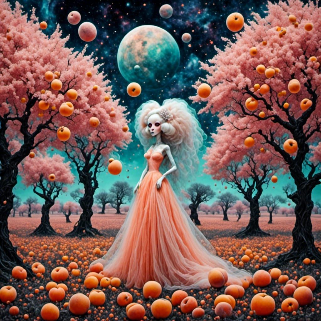 Aliens Visit a Peach Orchard in Cartoon Style