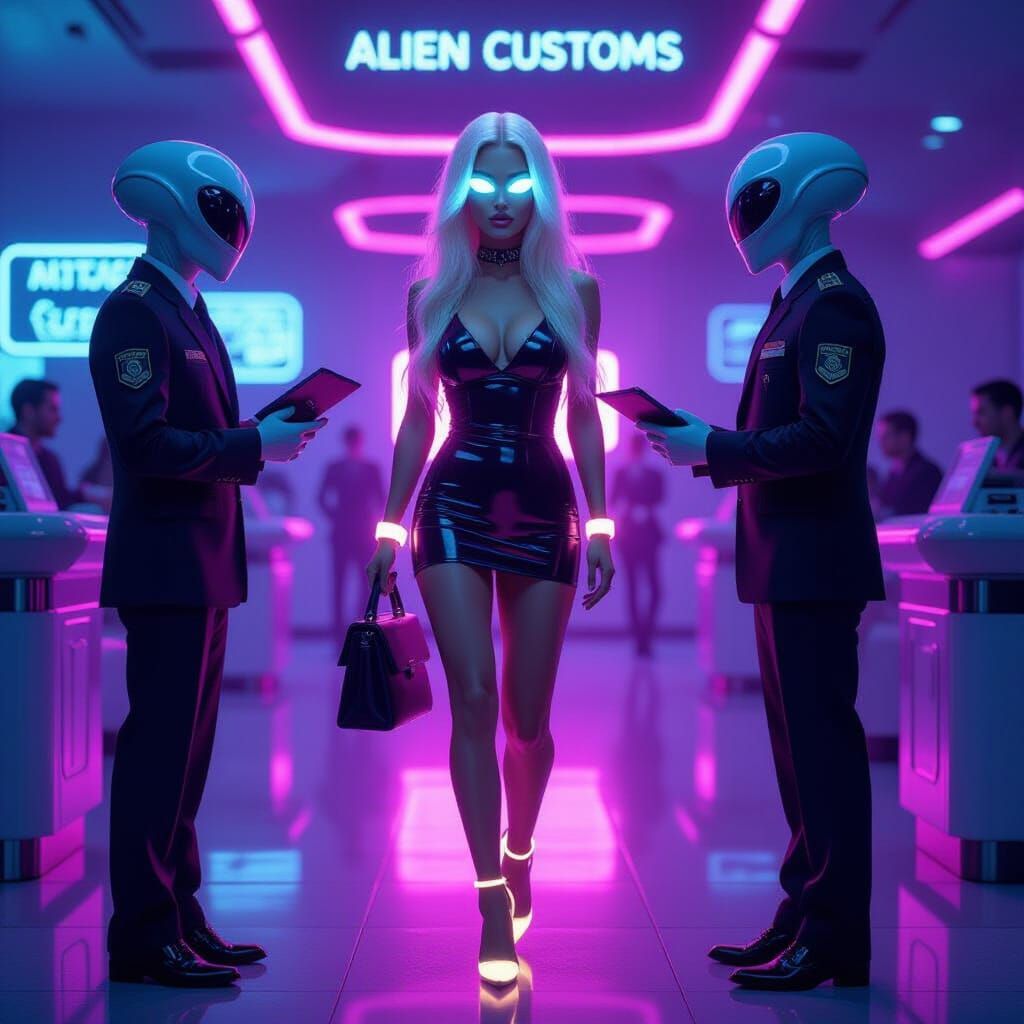 Woman in Glowing Latex at Alien Customs
