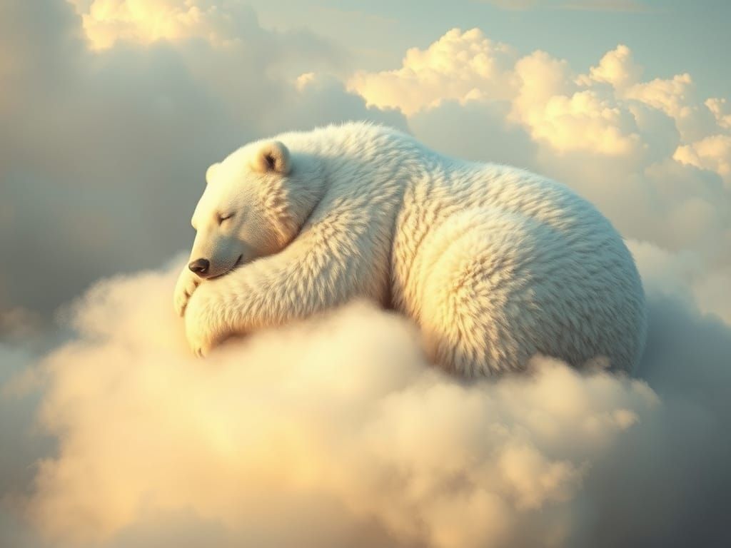 Majestic White Bear Reclines on Fluffy Clouds in Dreamy Land...