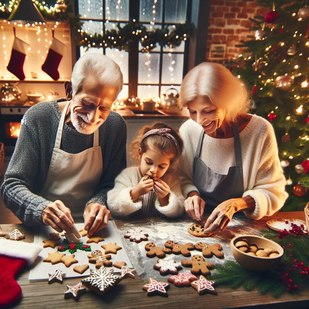 Elderly Couple Bakes Christmas Cookies with Grandchild in Co...