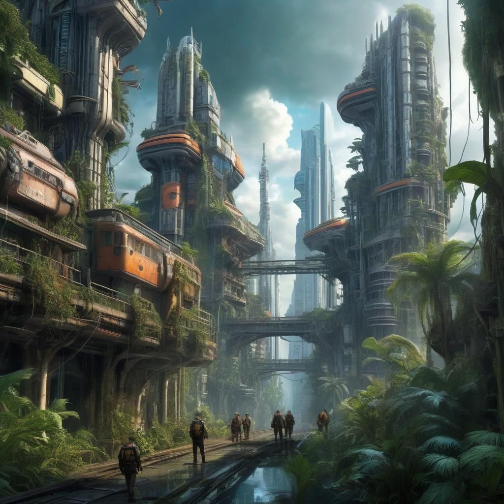 Biopunk Explorers in Hyperrealistic Jungle City