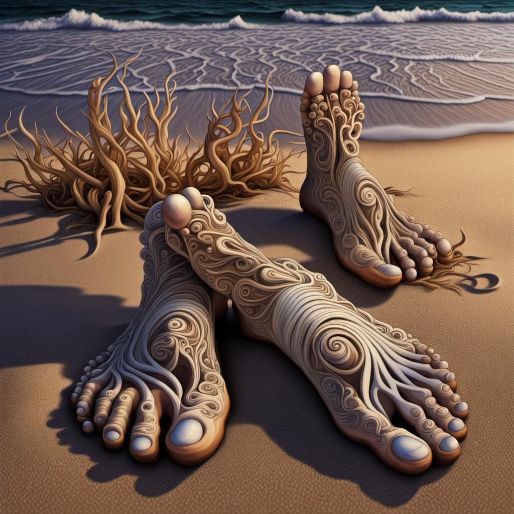 Wooden Feet on Beach in Fairycore Art Deco Style