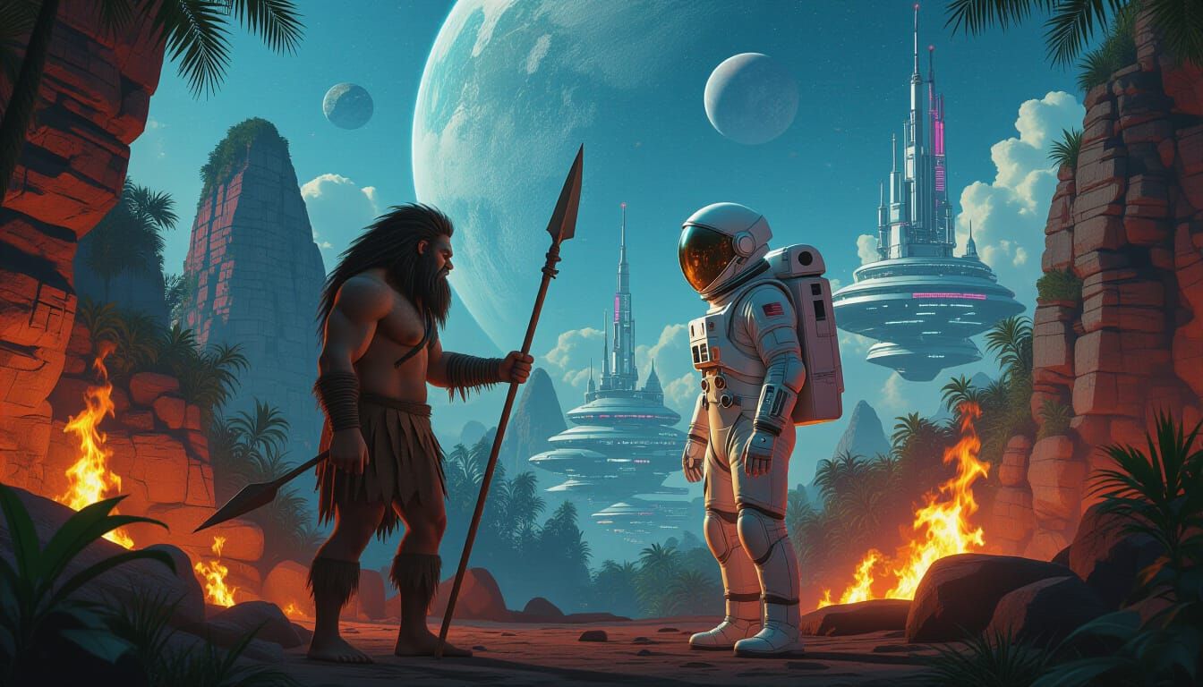 Caveman Meets Astronaut in Surreal Sci-Fi Landscape
