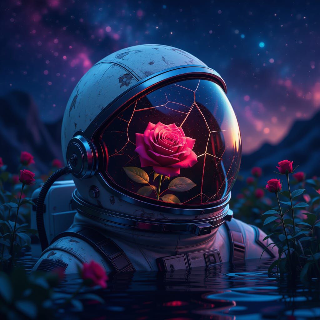 Weathered Astronaut Helmet with Glowing Rose in Alien Flora