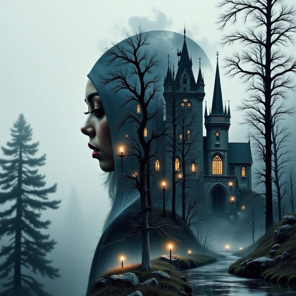 Ninja Amidst Castle Ruins in Double Exposure