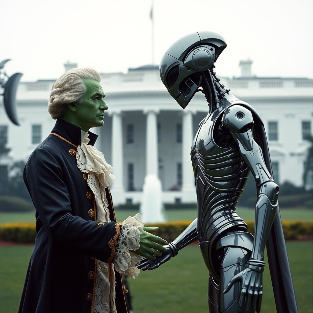 Futuristic George Washington Meets Alien: Cinematic Scene