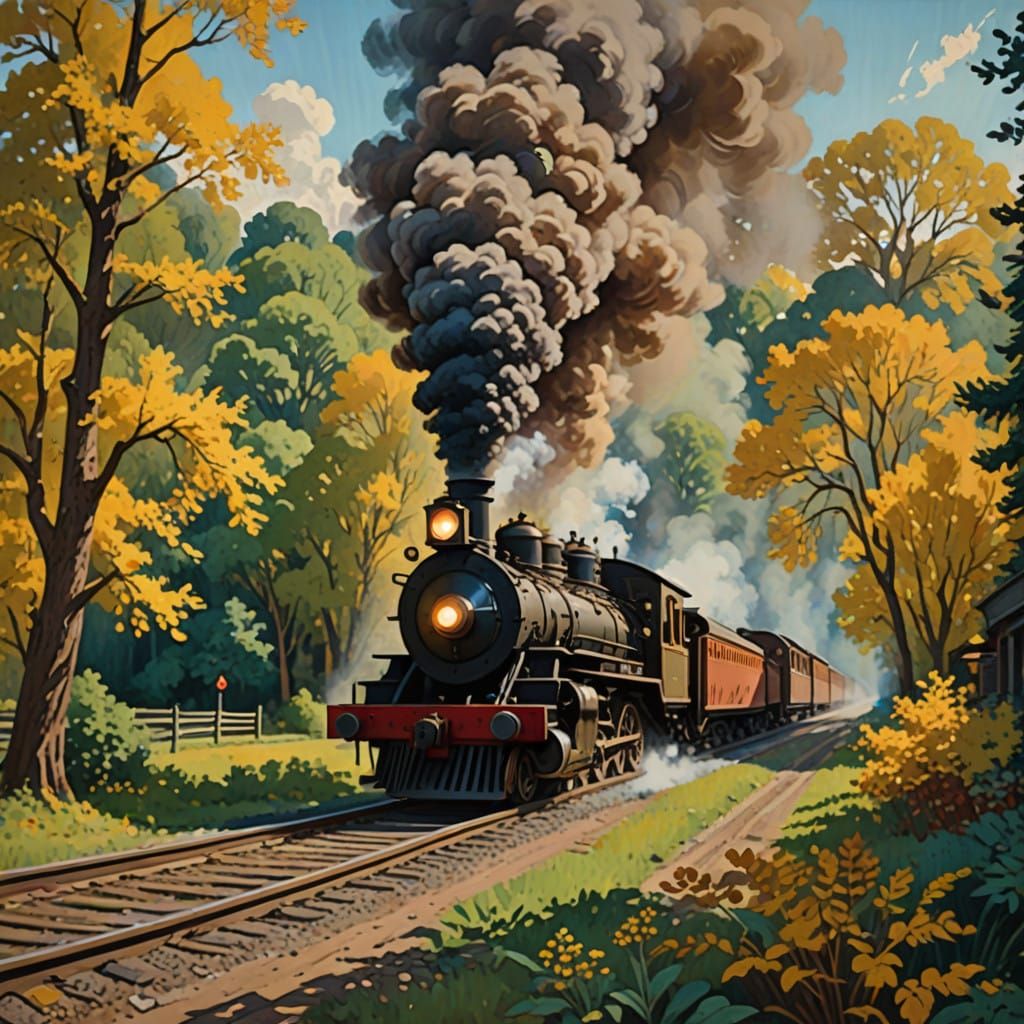 Majestic Railroad Crossing in Vibrant Gouache Style