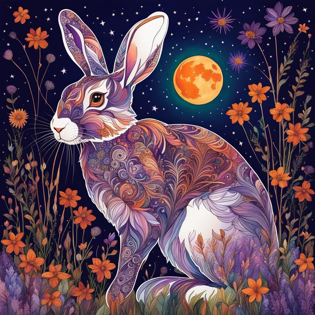 Zentangle Rabbit in Wildflower Meadow, Carne Griffiths Style