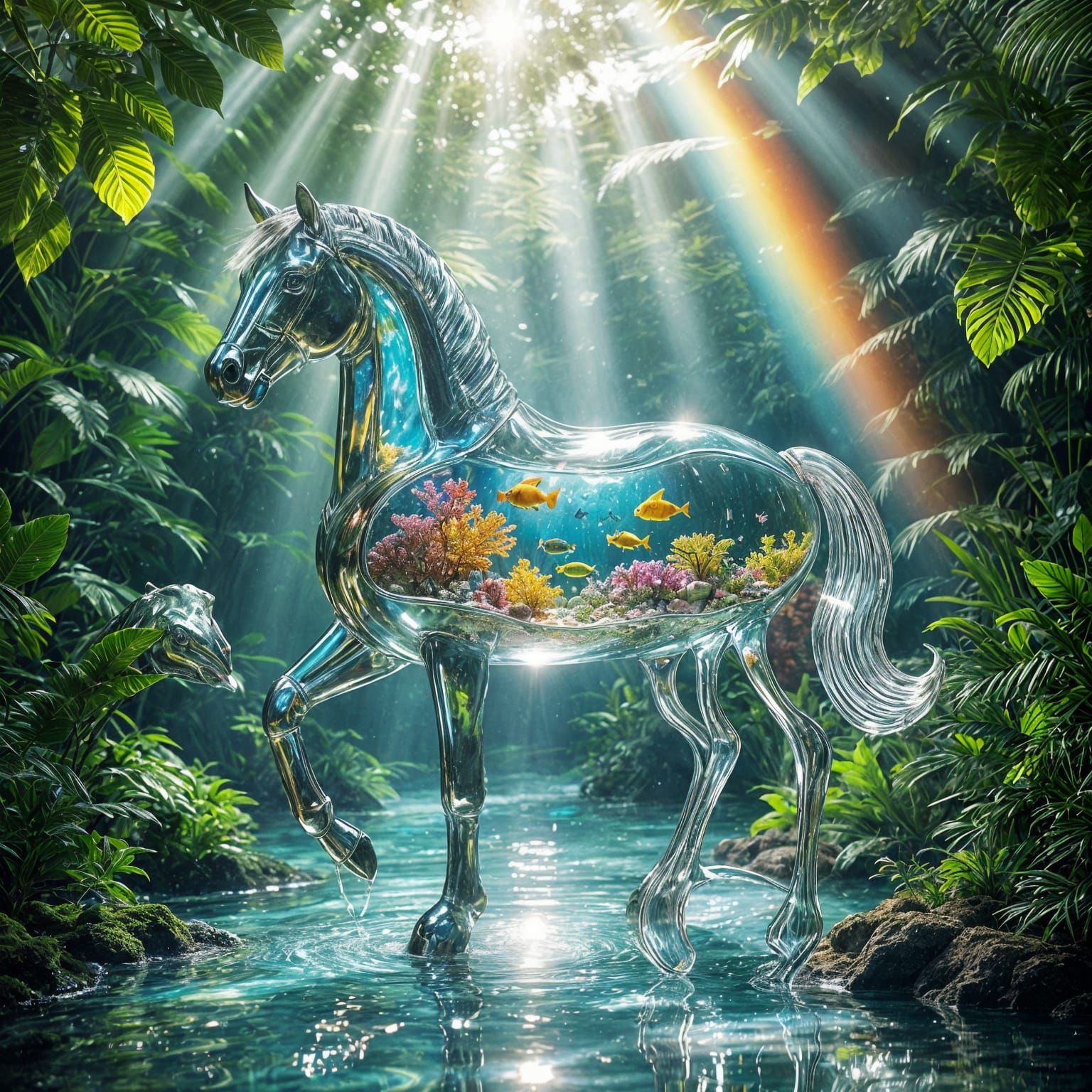 Crystal Horse with Aquarium and Rainforest Background