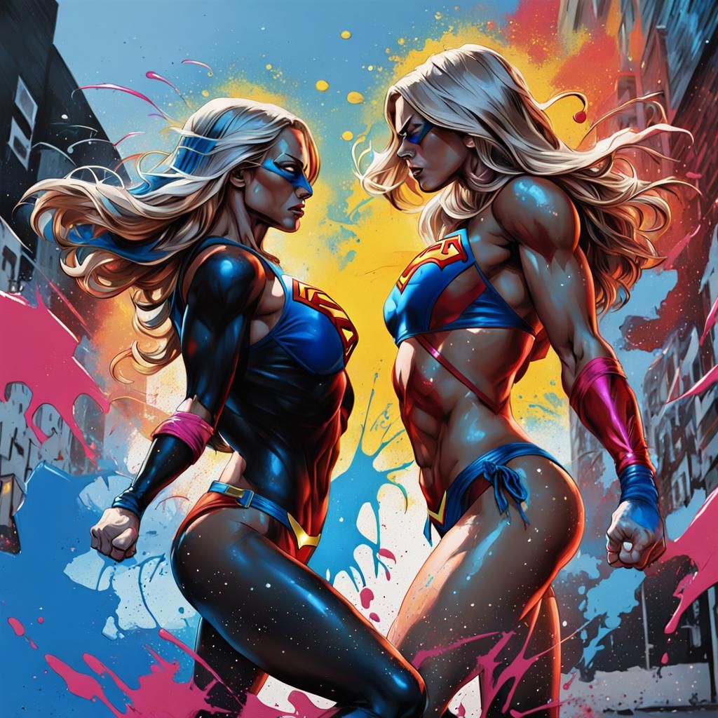 Supergirl Bikini Wrestling in Graffiti Art Style