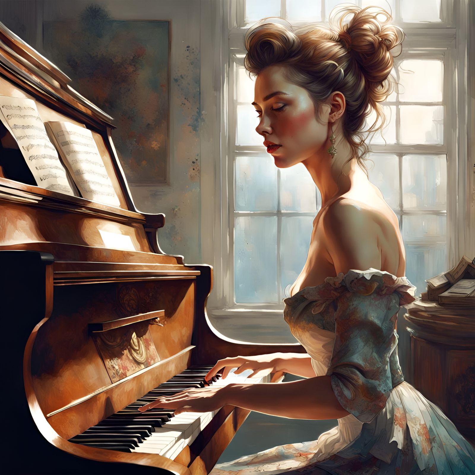Gorgeous Woman Plays Piano: Digital Illustration