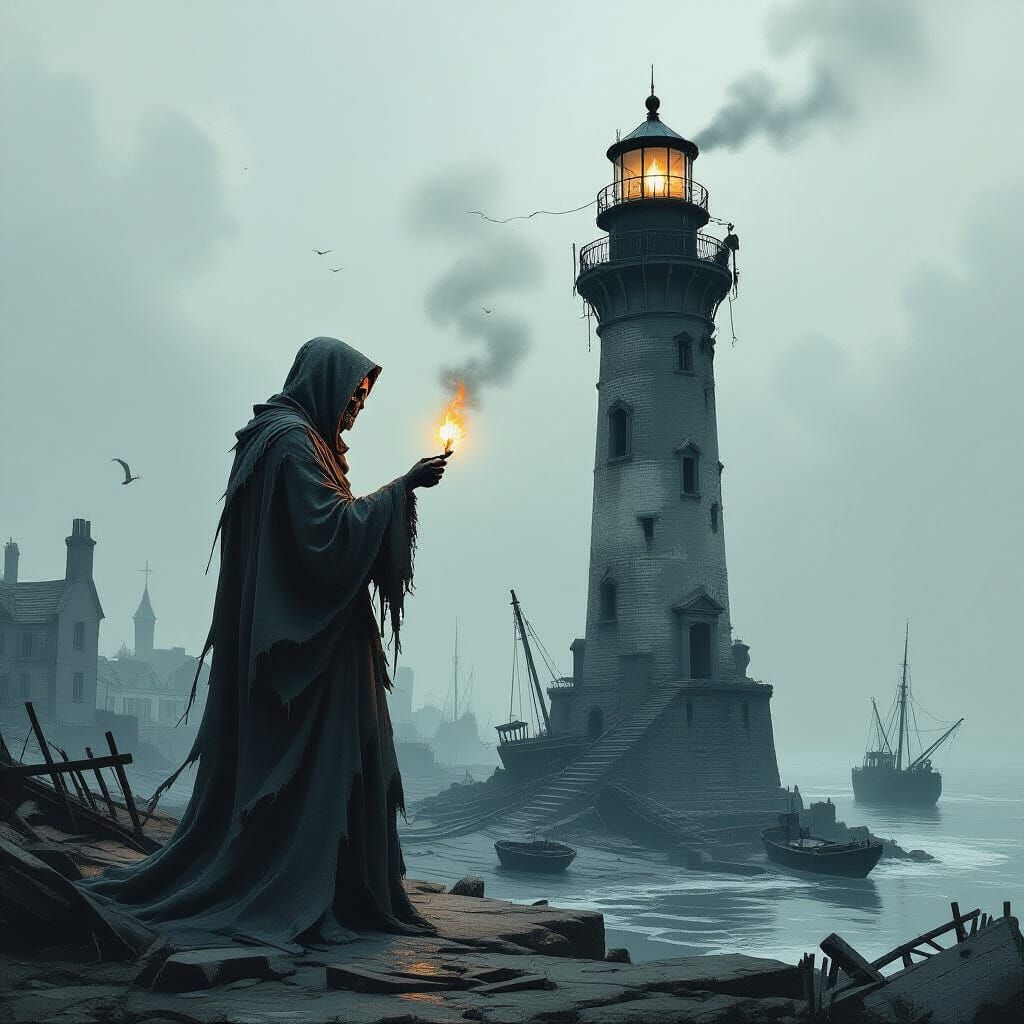 Skeletal Lighthouse Keeper Lights Lantern in Gothic Style