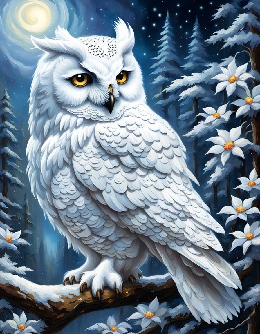 Magical White Owl in Kinkade Style