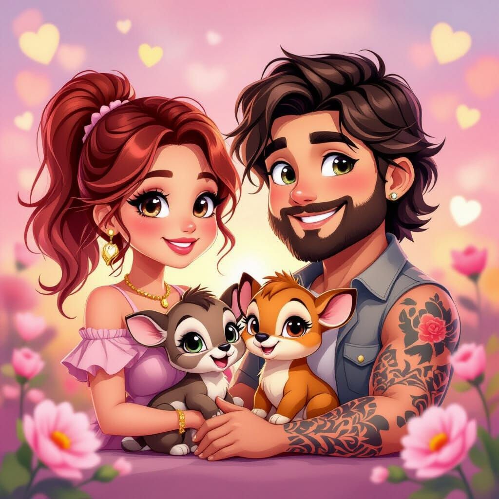 Safari Character with Baby Animals in Glossy Cartoon Style