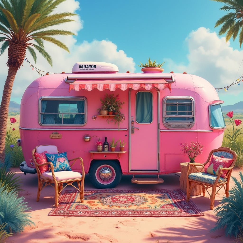 Whimsical Boho Travel Trailer in a Dreamlike Landscape