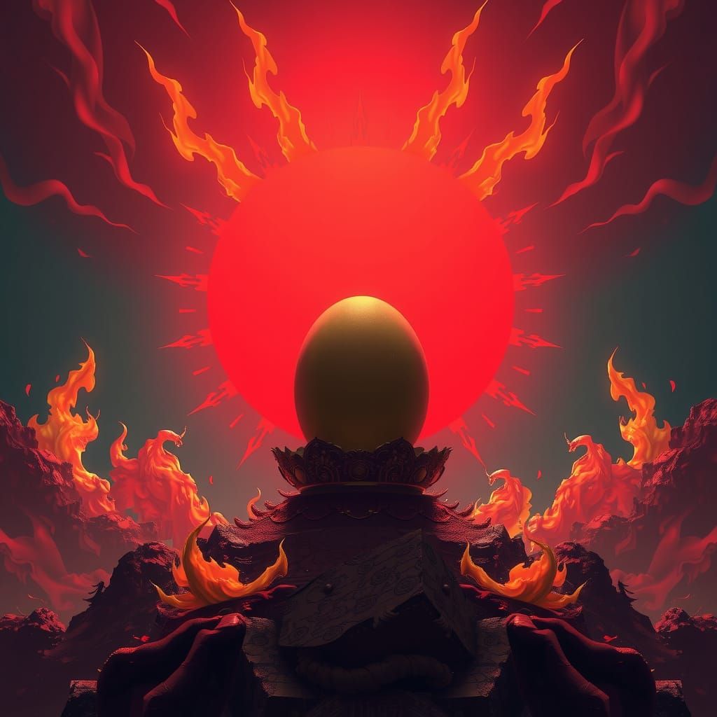 Crimson Sun with Golden Egg and Blazing Flames