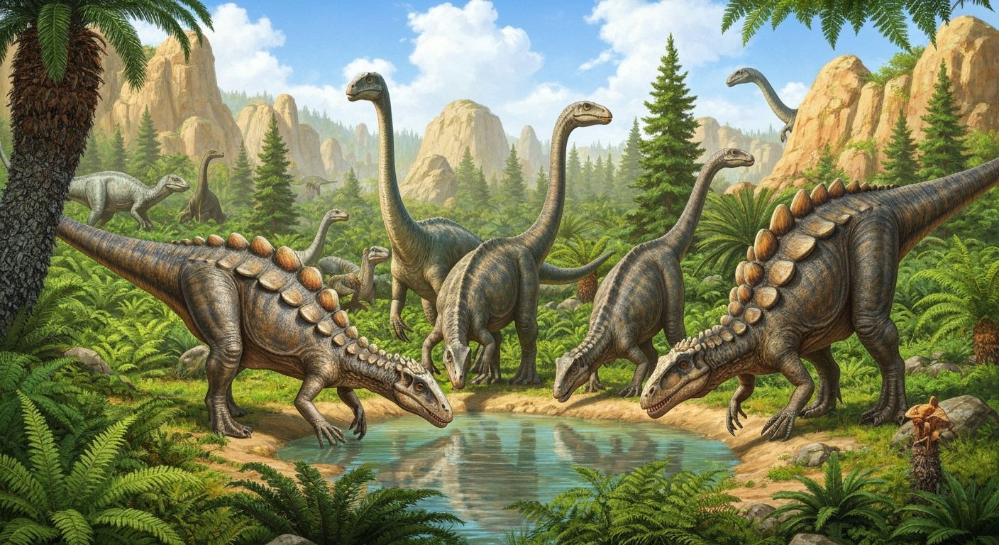 Jurassic Dinosaurs at Watering Hole in Dark Fantasy Art